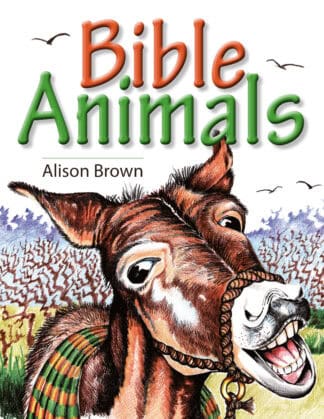 Colourful illustration of a smiling, anthropomorphic donkey with a bridle, set against a natural landscape background, on the cover of a children's Bible animal book.