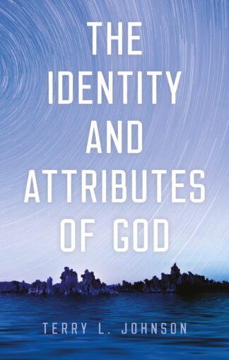 Image of a book titled "The Identity and Attributes of God" by Terry L. Johnson, set against a starry night sky reflecting over water, representing theological reflection and divine qualities.