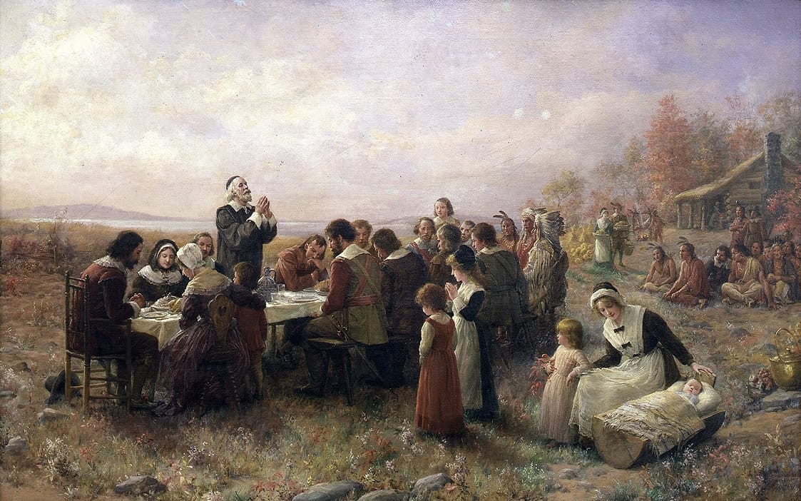The First Thanksgiving at Plymouth (1914) by Jennie A. Brownscombe. Public domain.